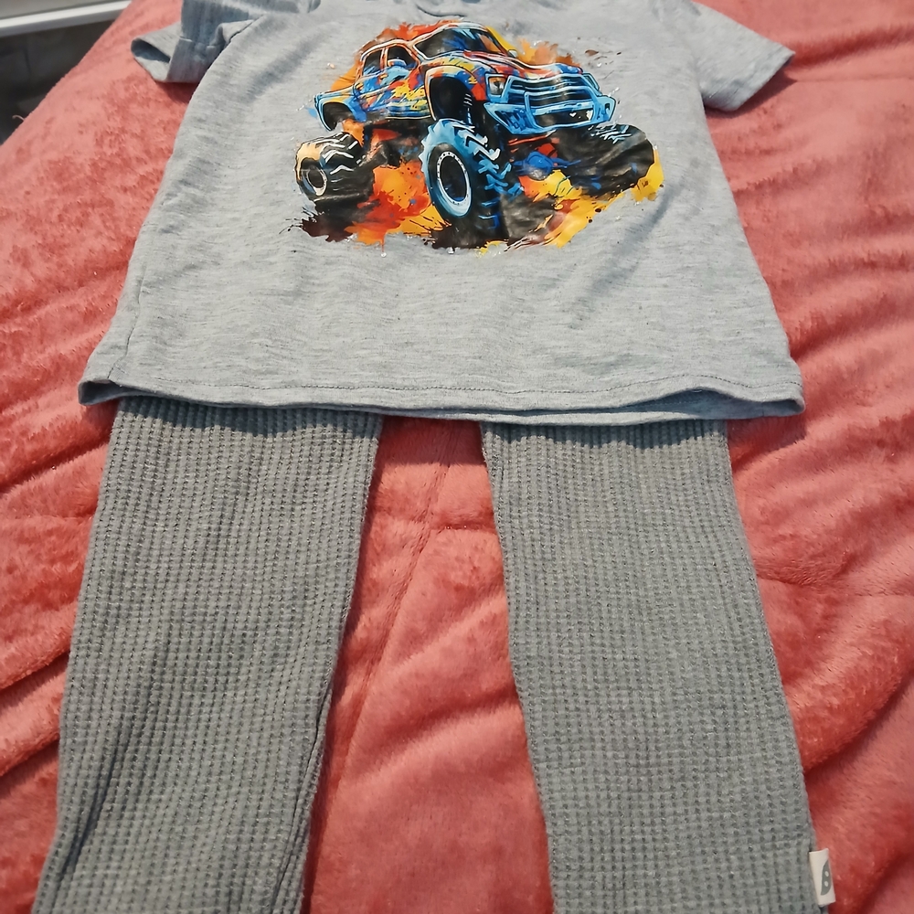 Easy Peasy Gray Boys Pants And Monster Truck T- Shirt